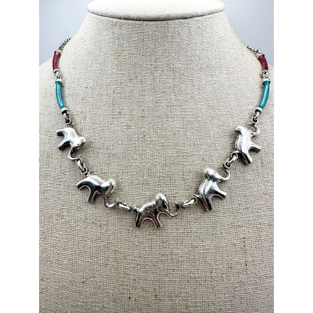 Sterling silver walking elephant enamel bar necklace 18”